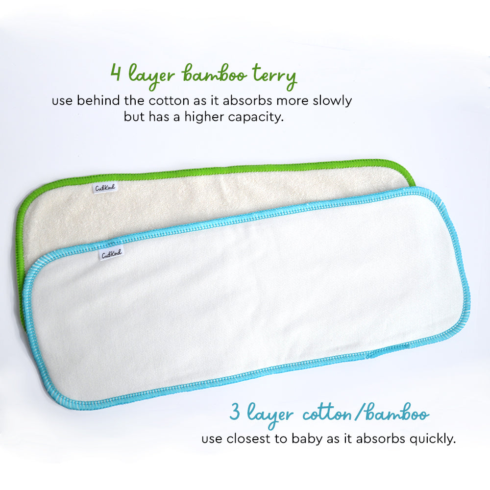 4 layer bamboo terry nappy insert. Use behind the cotton as it absorbs more slowly but has a higher capacity. 3 layer cotton/bamboo insert. Use closest to baby as it absorbs quickly.