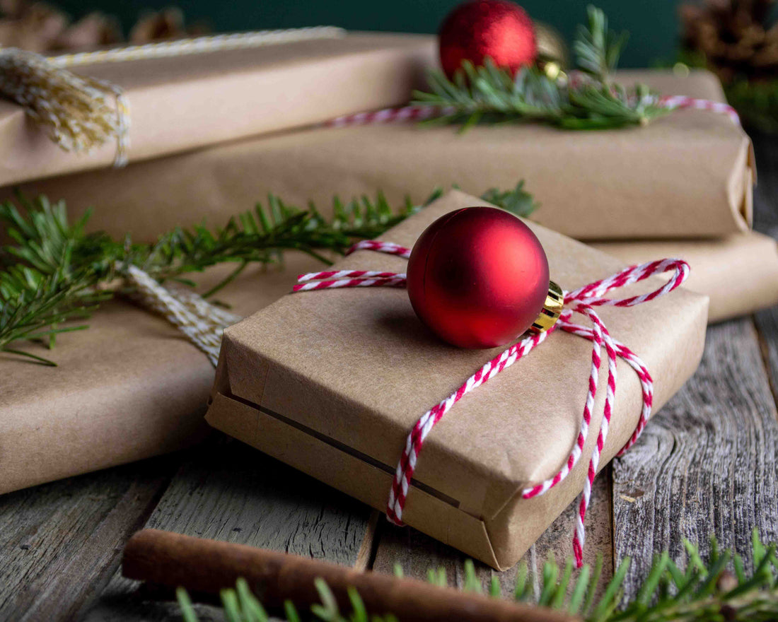 Christmas presents wrapped in brown paper