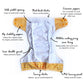 Open nappy shell with labels pointing to: the wide pockect opening, thick back elastic, crossover poppers, athletic wicking jersey inner lining, PUL tummy panel, tummy elastic, inner double gusset, hip stability poppers.